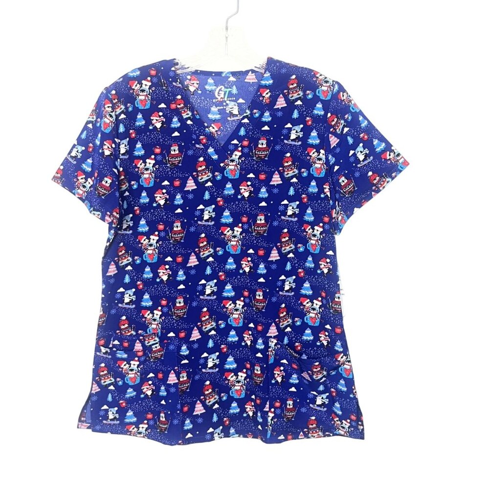 GT Performance Christmas Penguin Print Scrub Top Womens Medium Blue New